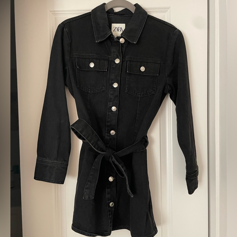Zara Long Sleeve Denim Dress with Tie